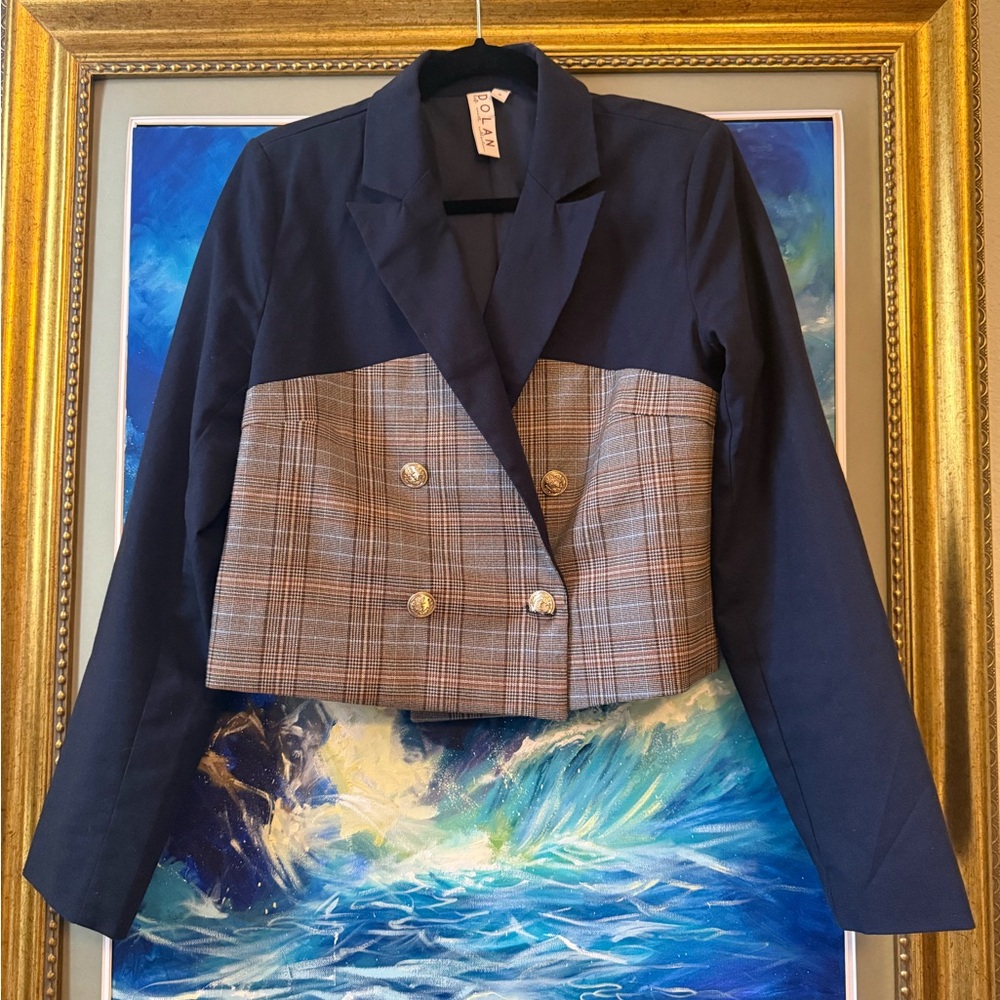 Brand Navy and Brown Plaid Cropped Blazer Jacket